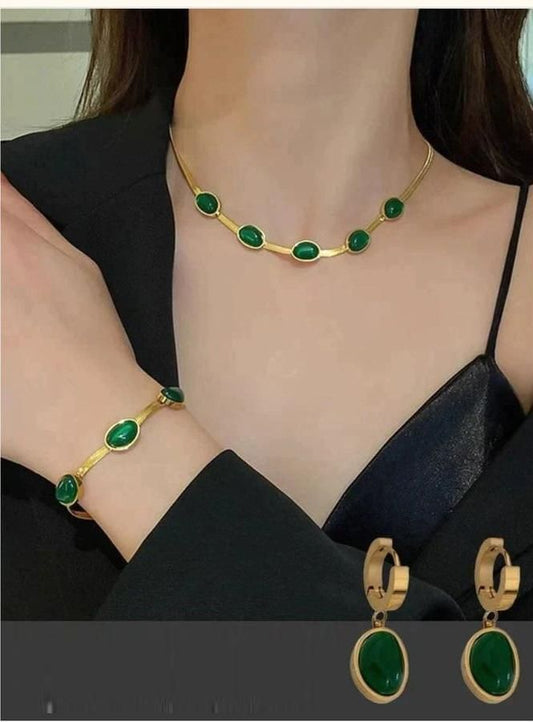 Russian Green Crystal Necklace Set With Bracelet